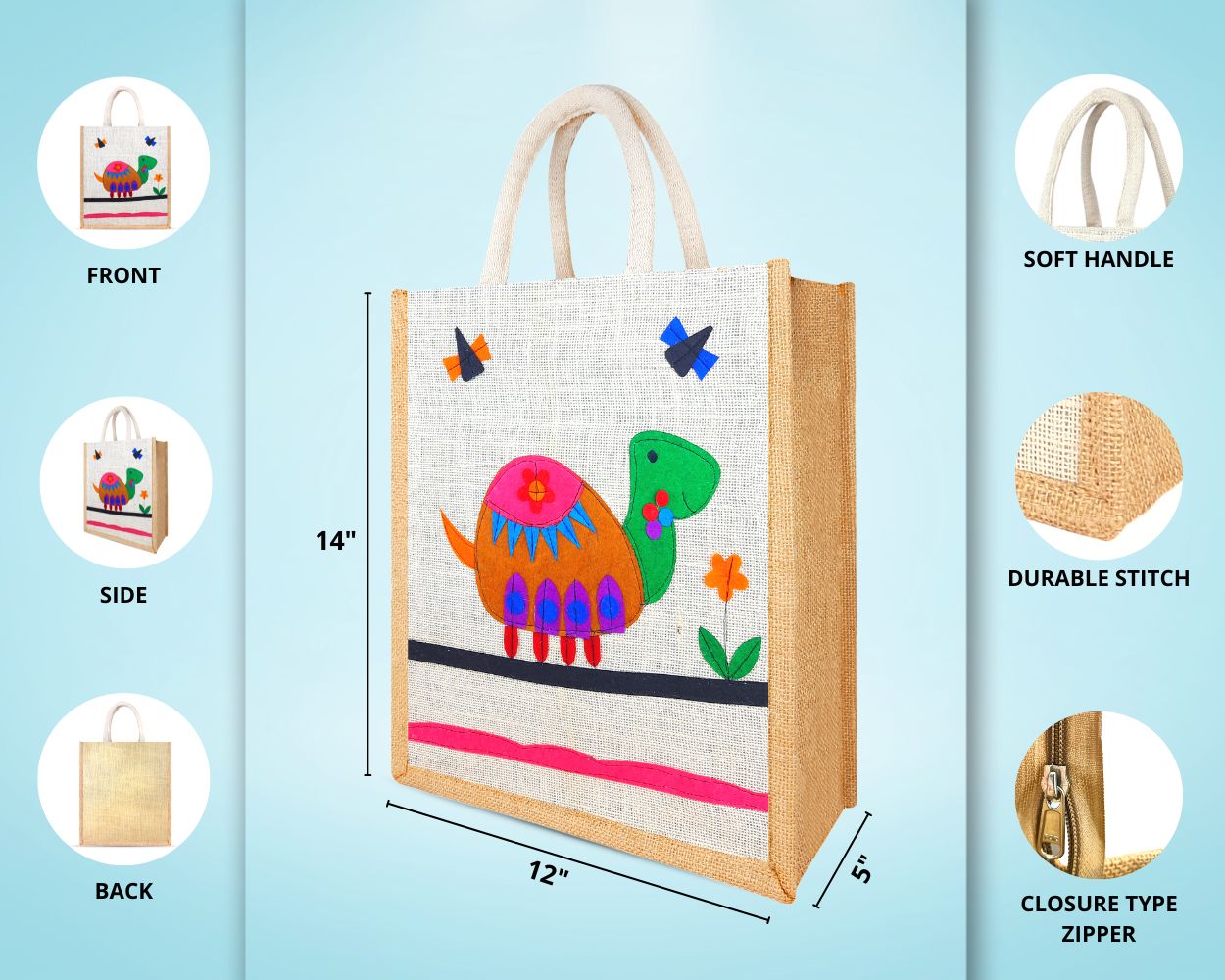 Multi Utility Designer Jute Bag - Cute and Lovely Animated Tortoise with zipper (12 x 5 x 14 inches)