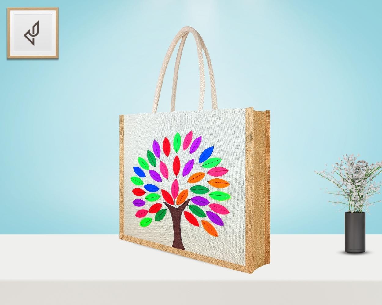 Premium Shopping Designer Jute Bag - Colourful and Charismatic Handcrafted Tree with Zipper (16 x 5 x 14 inches)