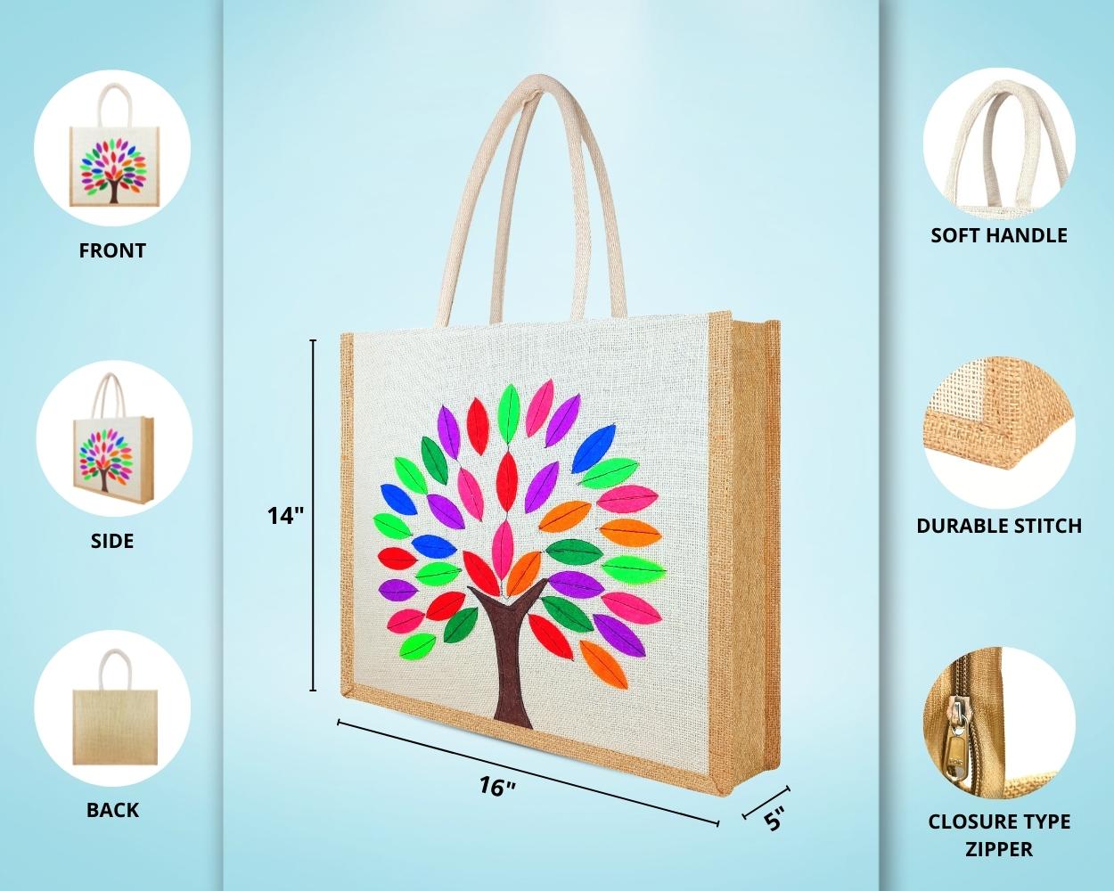 Premium Shopping Designer Jute Bag - Colourful and Charismatic Handcrafted Tree with Zipper (16 x 5 x 14 inches)