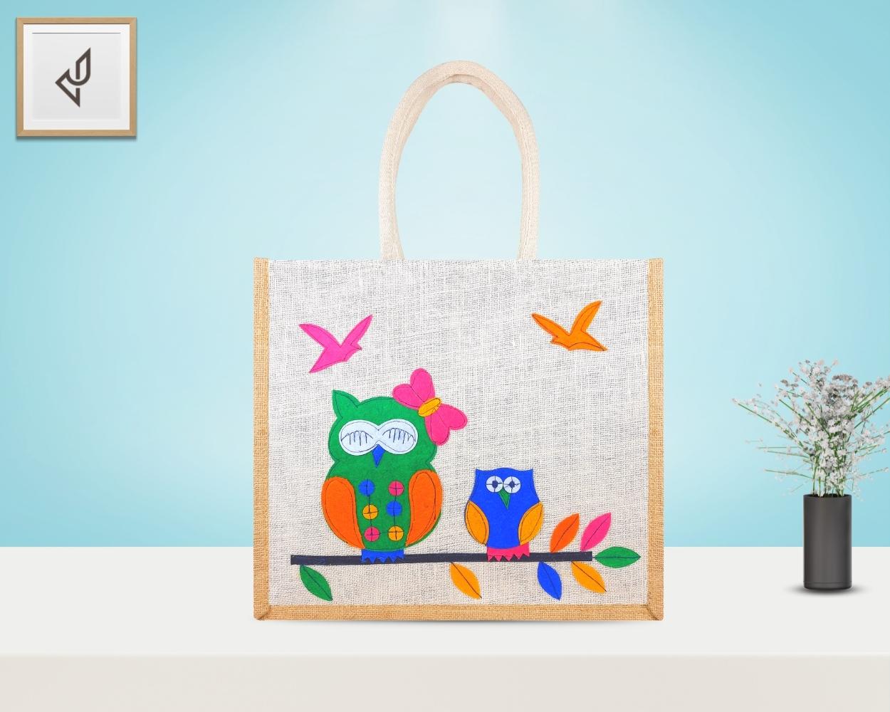 Premium Shopping Designer Jute Bag - Lovely Owl with Zipper (16 x 5 x 14 inches)