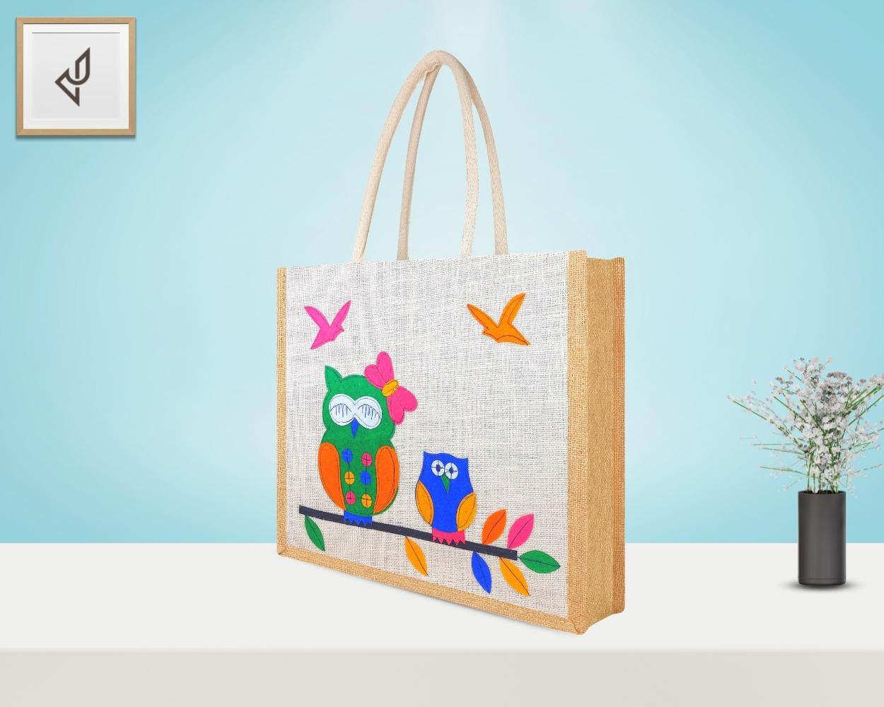 Premium Shopping Designer Jute Bag - Lovely Owl with Zipper (16 x 5 x 14 inches)