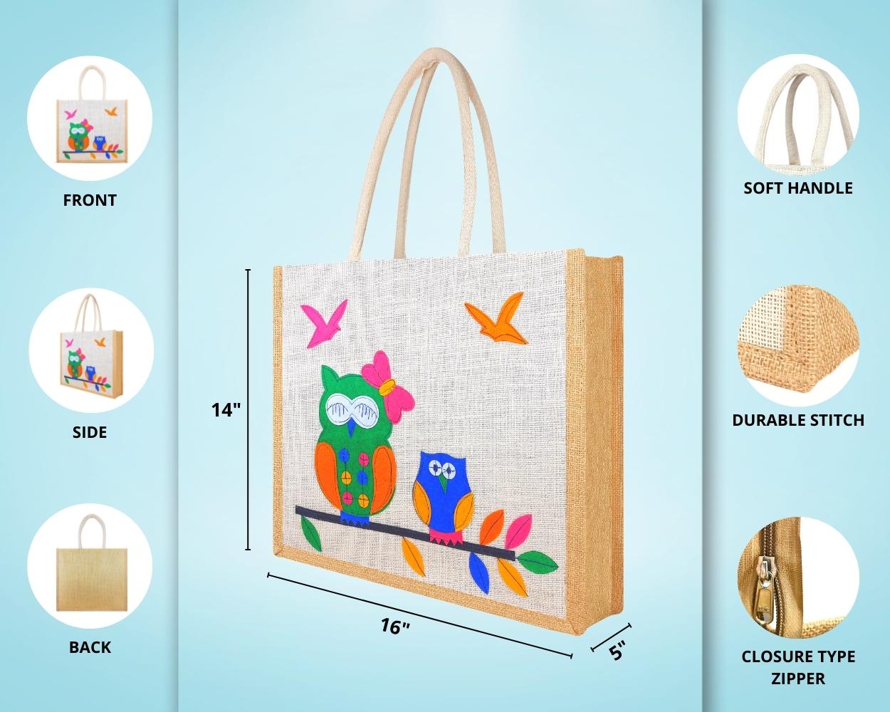 Premium Shopping Designer Jute Bag - Lovely Owl with Zipper (16 x 5 x 14 inches)