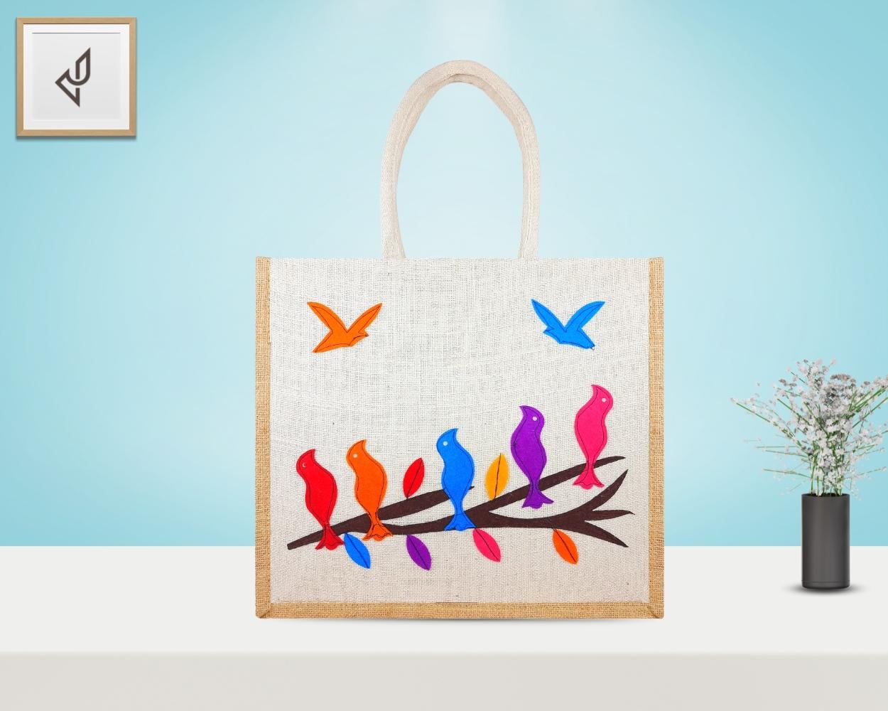 Premium Shopping Designer Jute Bag - Prepossessing and Dollish Handcrafted Lovesome Birds with Zipper (16 x 5 x 14 inches)