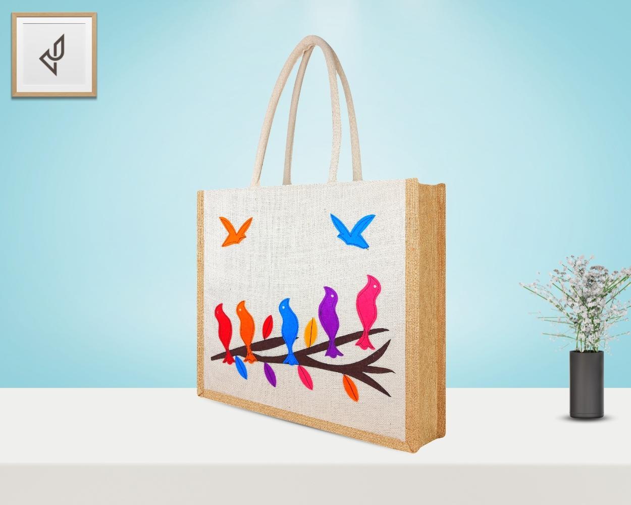 Premium Shopping Designer Jute Bag - Prepossessing and Dollish Handcrafted Lovesome Birds with Zipper (16 x 5 x 14 inches)