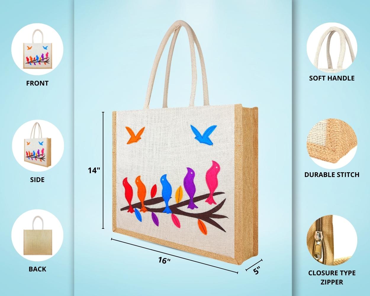 Premium Shopping Designer Jute Bag - Prepossessing and Dollish Handcrafted Lovesome Birds with Zipper (16 x 5 x 14 inches)