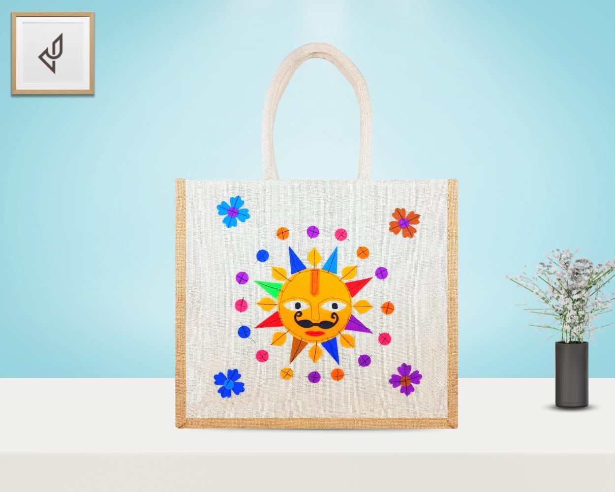 Premium Shopping Designer Jute Bag - Cute and Bright Little Animated Sun with Zipper (16 x 5 x 14 inches)