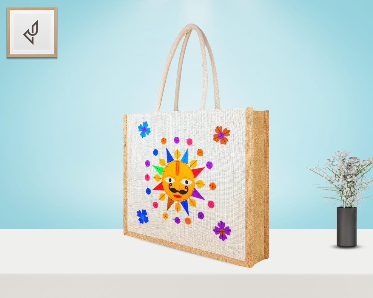 Premium Shopping Designer Jute Bag - Cute and Bright Little Animated Sun with Zipper (16 x 5 x 14 inches)