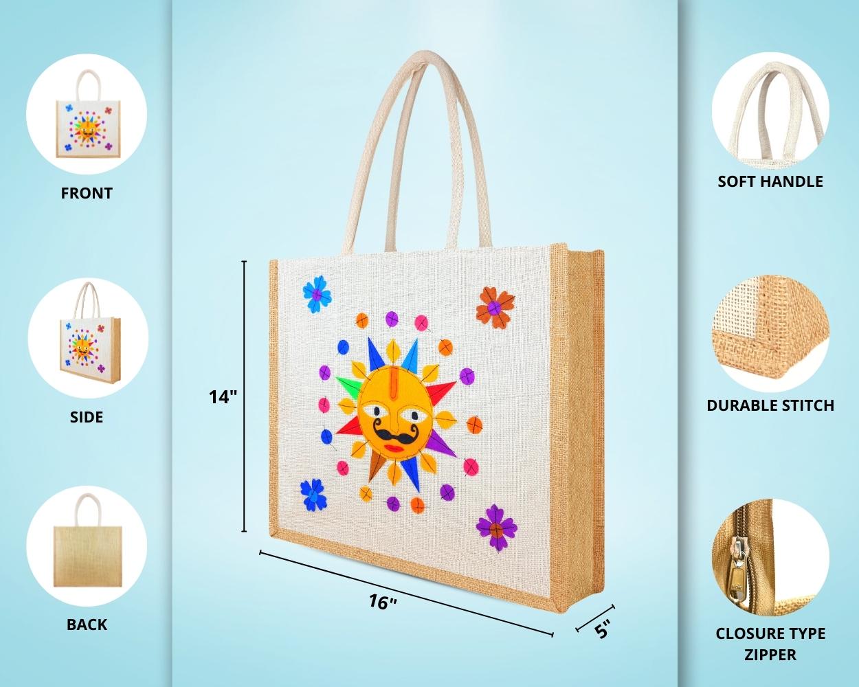 Premium Shopping Designer Jute Bag - Cute and Bright Little Animated Sun with Zipper (16 x 5 x 14 inches)