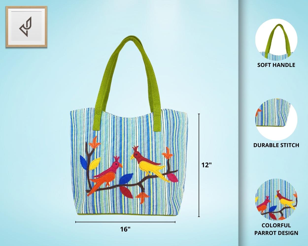 Designer Jute Handbag - A Beautifully Crafted Spacious Handbag with Astounding Cute Little Colourful Parrots (16 x 12 inches)