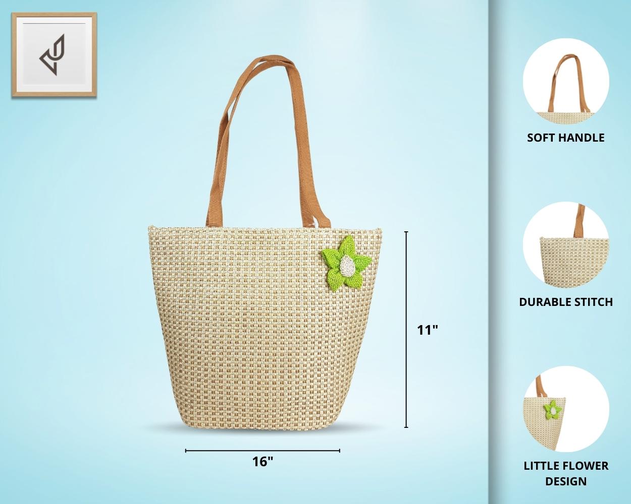 Designer Jute Handbag - An Endearingly Crafted Jute Handbag with a Quaint Little Flower (16 x 11 inches)