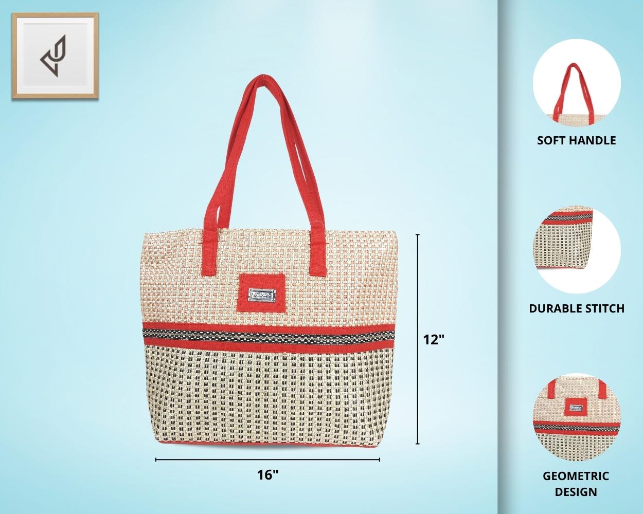 Designer Jute Handbag - An Awesome Handcrafted Jute Handbag with Geometric Designs (16 x 12 inches)