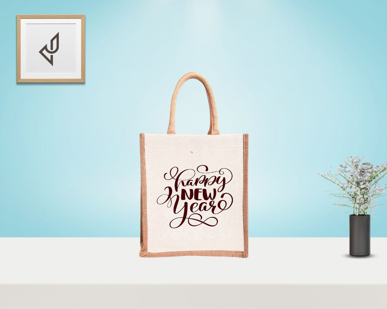 Bulk Order Corporate Gifting - Customized "Happy New Year" Print Jute Bags with Zipper (10 X 5 X 12 inches)