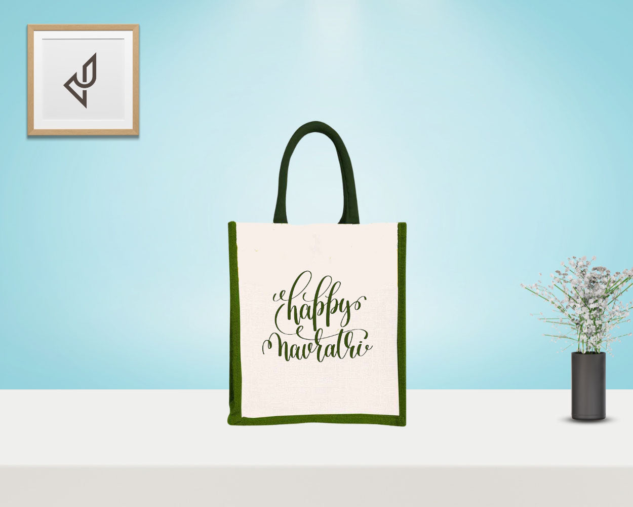 Bulk Order Festival Return Gifts - Customized "Happy Navratri" Print Jute Bags with Zipper (10 X 5 X 12 inches)