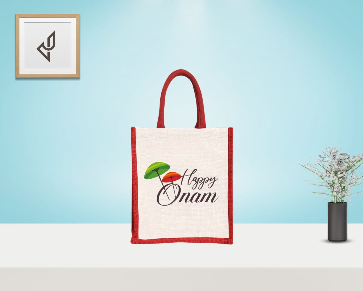 Bulk Order Return Gifts - Customized "Happy Onam" Print Jute Bags with Zipper (10 X 5 X 12 inches)