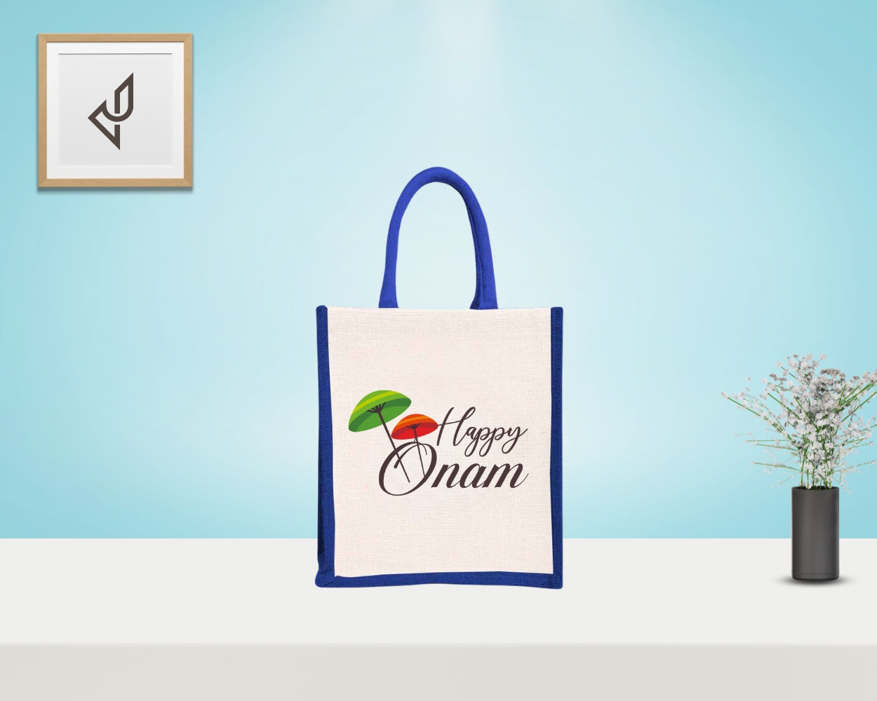 Bulk Order Return Gifts - Customized "Happy Onam" Print Jute Bags with Zipper (10 X 5 X 12 inches)