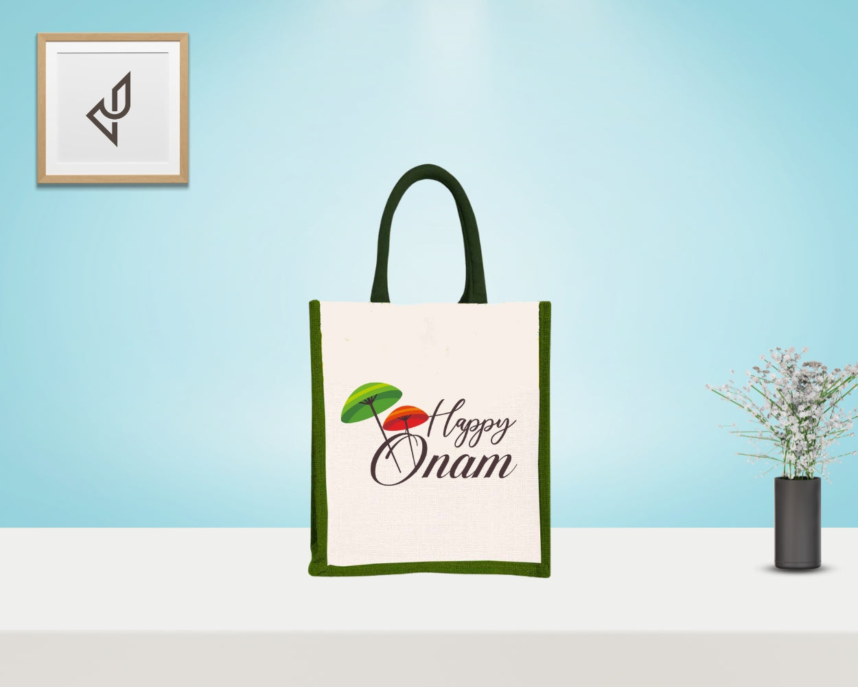 Bulk Order Return Gifts - Customized "Happy Onam" Print Jute Bags with Zipper (10 X 5 X 12 inches)