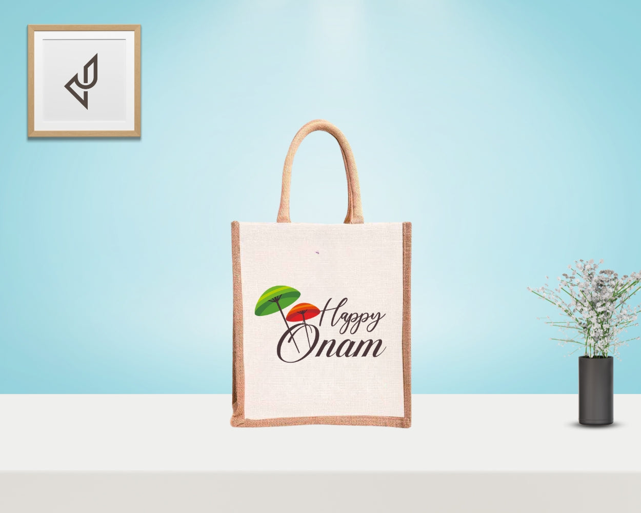 Bulk Order Return Gifts - Customized "Happy Onam" Print Jute Bags with Zipper (10 X 5 X 12 inches)