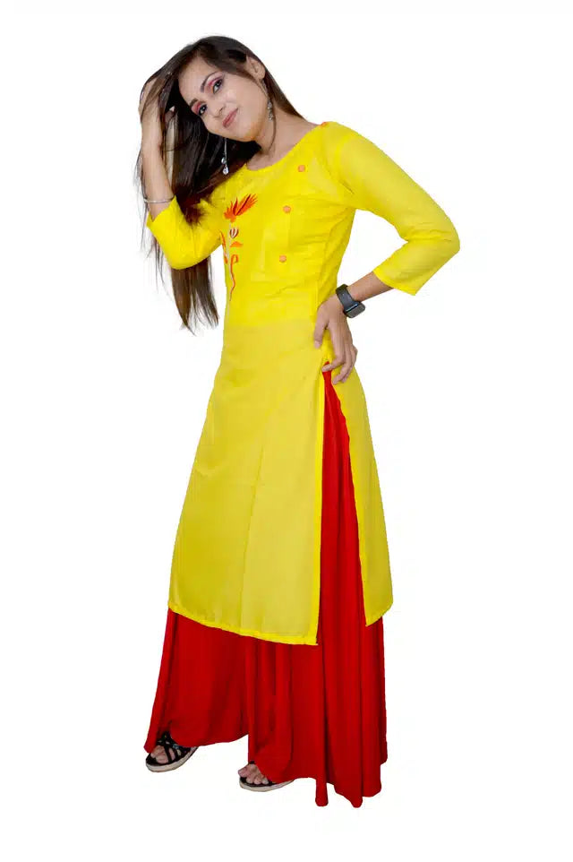 Viscose Rayon Embroidered Kurti for Women (Yellow)