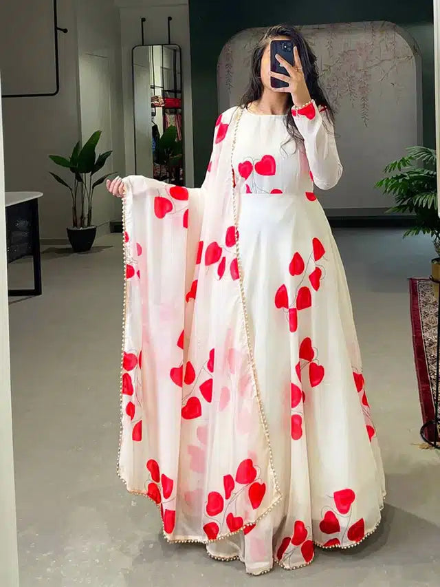 Georgette Printed Gown with Dupatta for Women (Red & White)