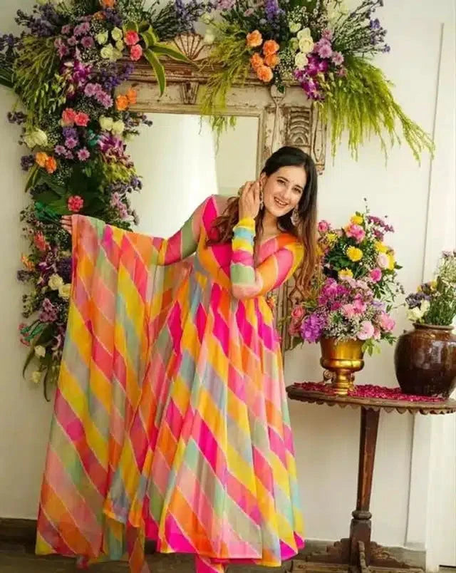 Georgette Printed Gown with Dupatta for Women (Multicolor)