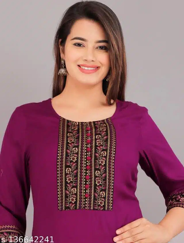 Rayon Embroidered Kurti for Women (Purple)