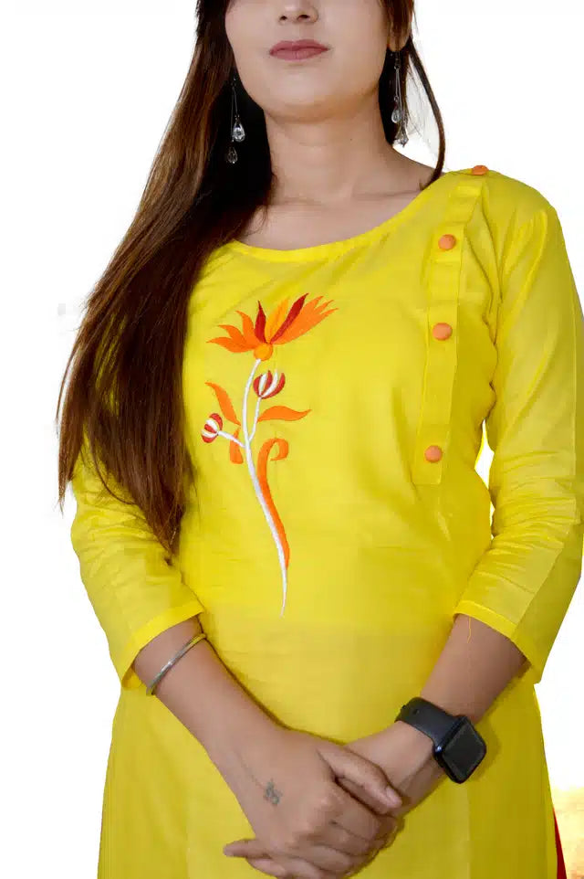 Viscose Rayon Embroidered Kurti for Women (Yellow)