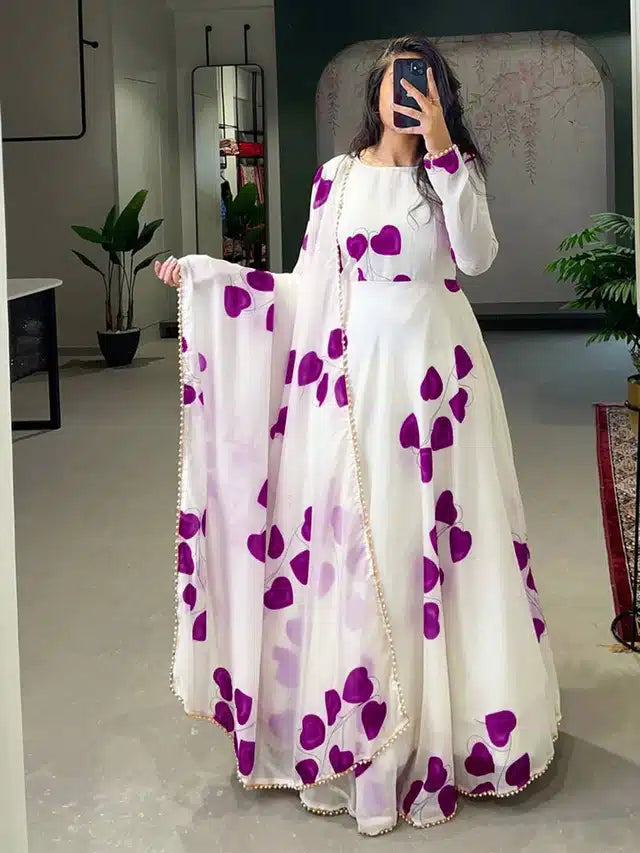 Georgette Printed Gown with Dupatta for Women (Purple & White)