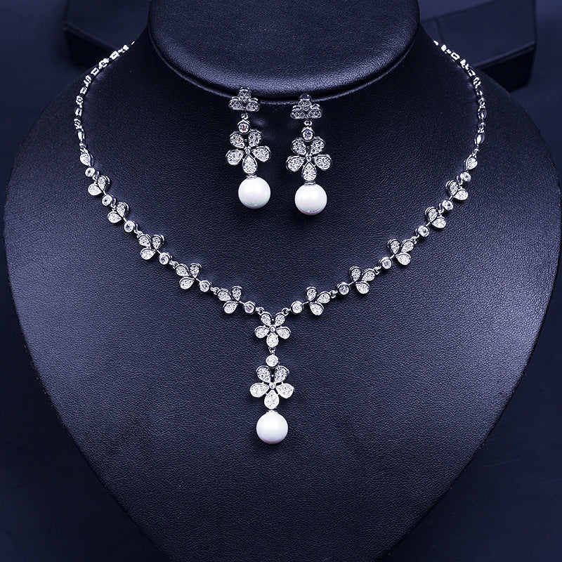 Pearl Zircon Earrings and Necklace Set - Wedding Dress Accessories