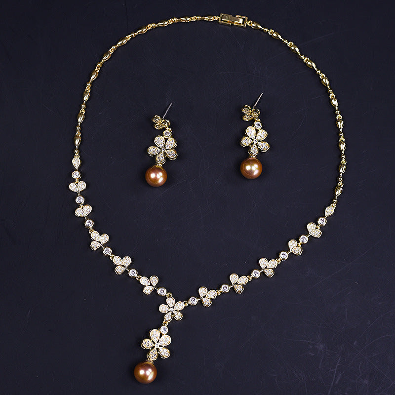 Pearl Zircon Earrings and Necklace Set - Wedding Dress Accessories